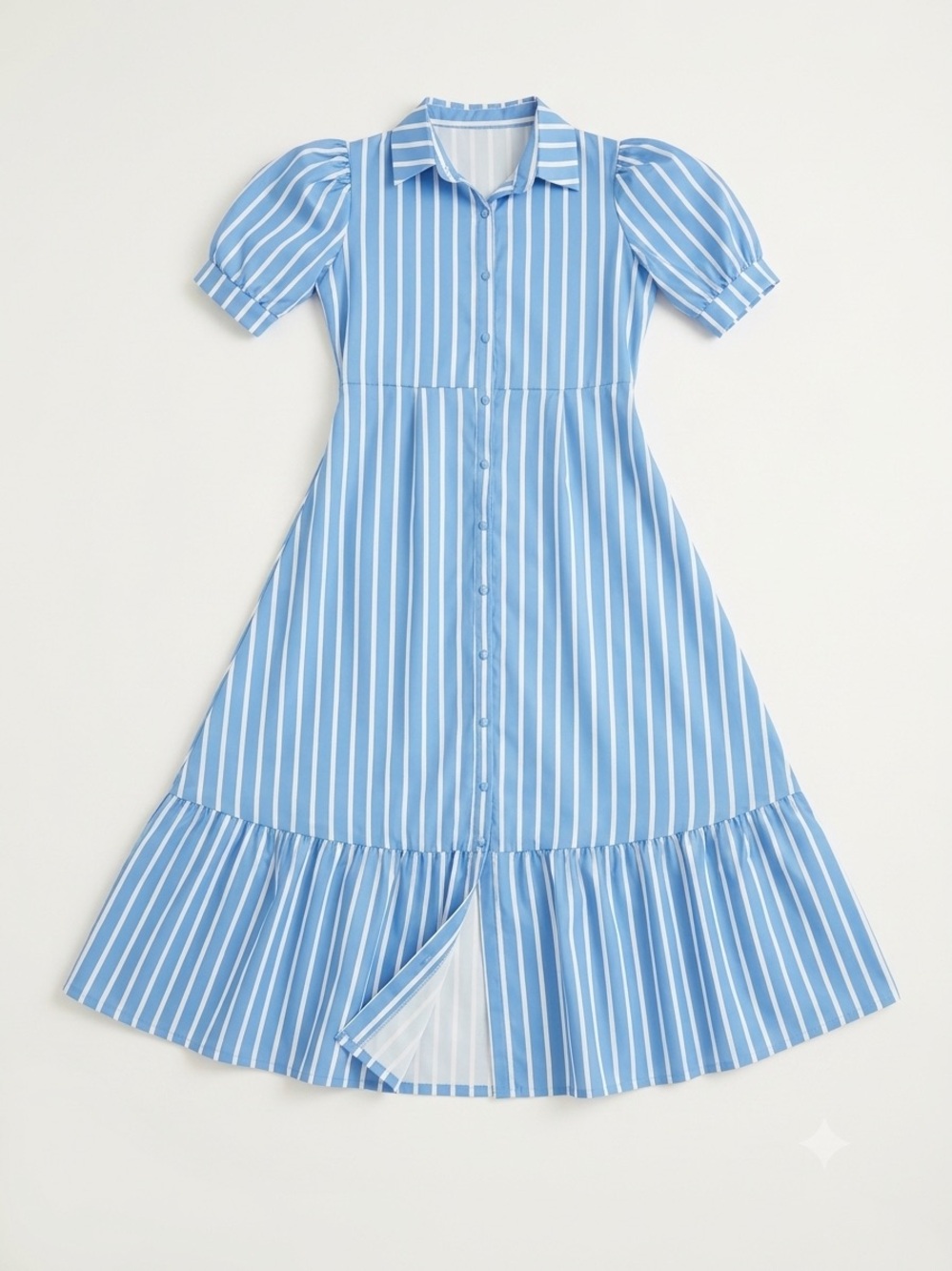 Blue & White Striped Button-Front Midi Dress | Puff Sleeve Shirt Dress | Size M - Picture 2 of 6